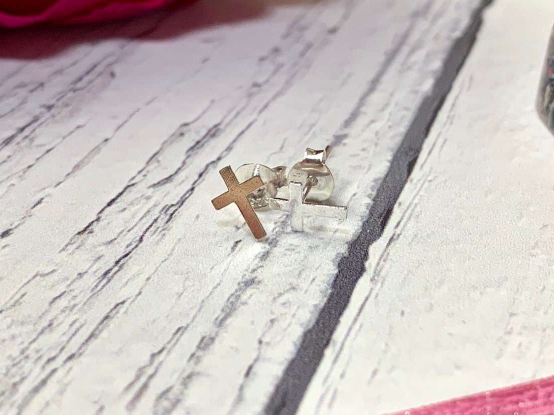 Sterling silver cross earrings, dainty earrings, stud, tiny, delicate