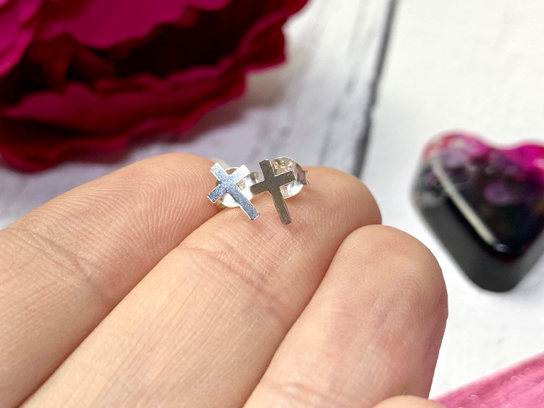Sterling silver cross earrings, dainty earrings, stud, tiny, delicate